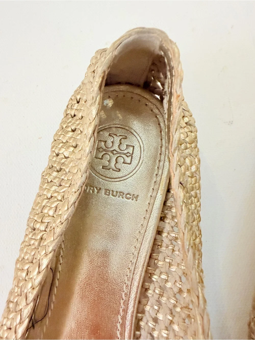 Tory Burch Reva gold metallic wovem raffia ballet flats